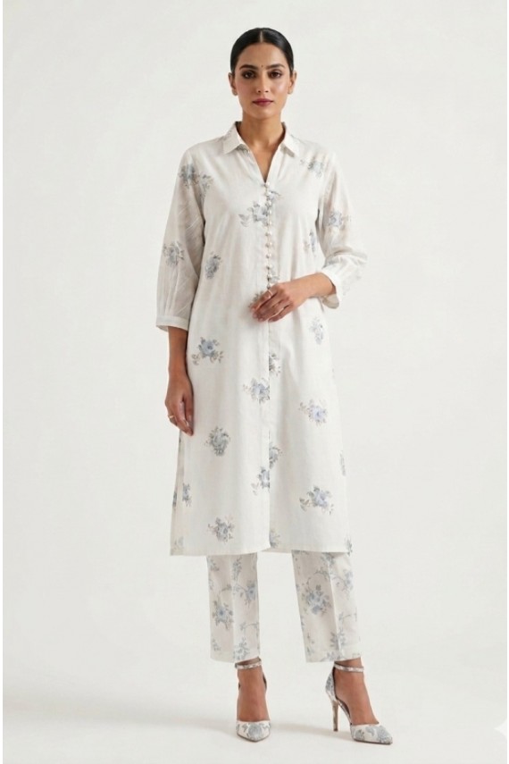 White and blue printed cotton 2pc suit. 