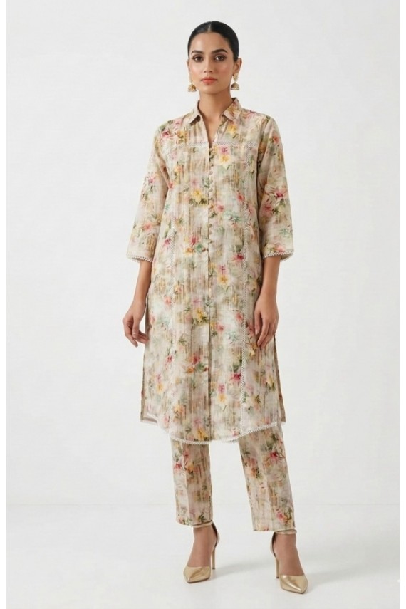 Beige and floral print 2pc cotton suit. 