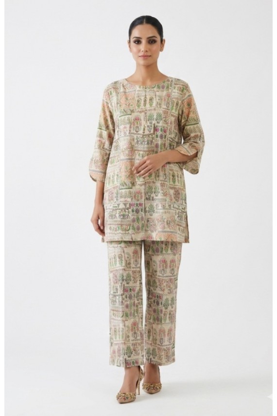 Beige printed cotton 2pc suit. 